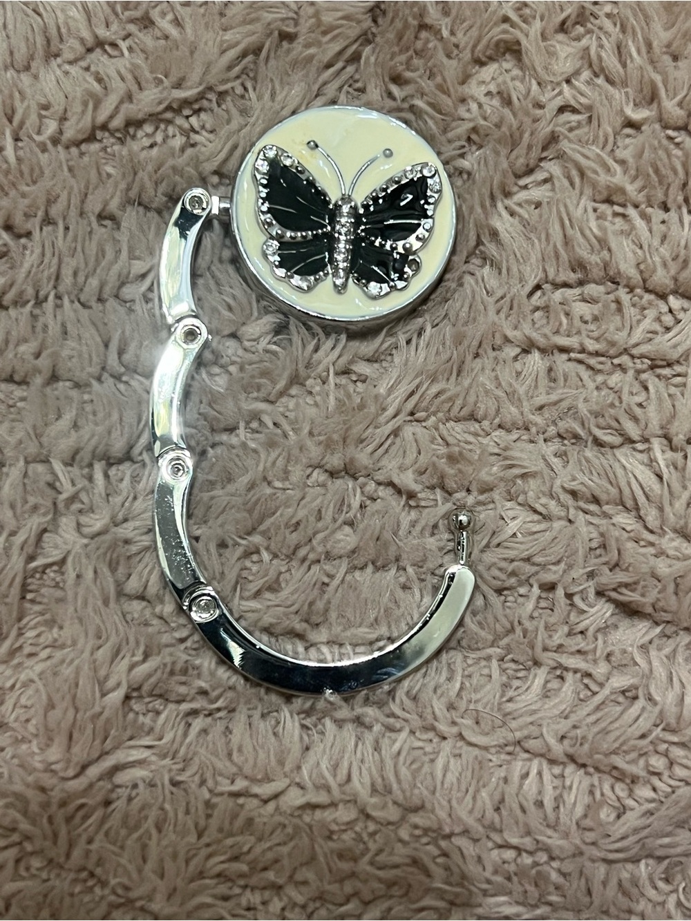 Silver Butterfly Handbag Hook with Black and Cream Enamel Accent
